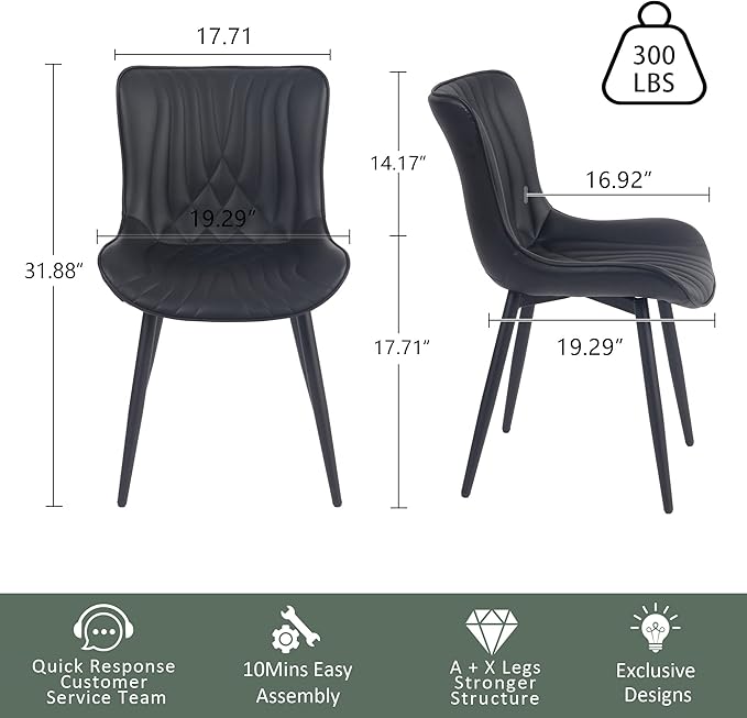 YOUTASTE Black Dining Chairs Set of 2 Mid Century Modern Kitchen&Dining Room Chairs Armless Upholstered Faux Leather Accent Chairs with Back Metal Vanity Lounge Side Chair for Living Room Bedroom
