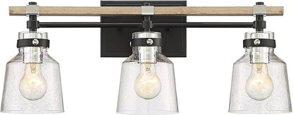 Possini Euro Design Broadway Modern Industrial Wall Light Black Painted Faux Wood Hardwired 23" 3-Light Fixture Clear Seedy Glass Shade for Bedroom Bedside Bathroom Vanity Living Room Hallway House
