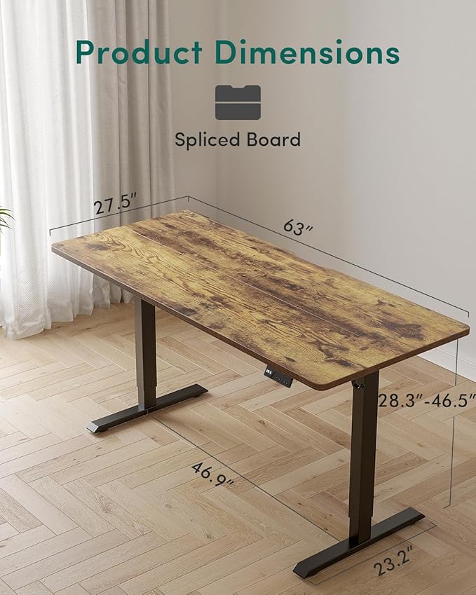 CubiCubi Height Adjustable Electric Standing Desk, 63 x 28 Inches Sit Stand up Desk, Large Memory Computer Home Office Desk with Two-Piece Desktop (Rustic Brown)
