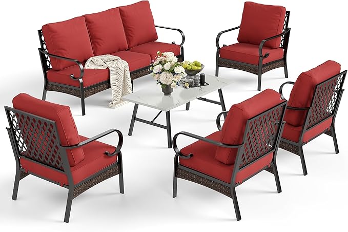 6 Piece Metal Outdoor Patio Furniture Sets, Patio Conversation Sets with 3-Seater Sofa, 4 Single Sofa (5.75" Thick Cushion) & Coffee Table, Black Frame Backyard Furniture, Rust Red
