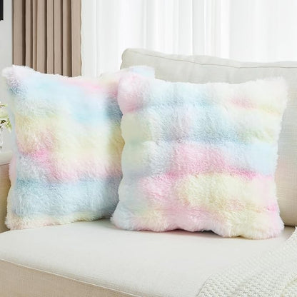 FUTEI Rainbow Decorative Throw Pillow Covers 22x22 Inch Set of 2,Soft Fuzzy Faux Rabbit Fur Cushion Covers with Raised Texture,Neutral Boho Home Decor for Couch Bed Living Room