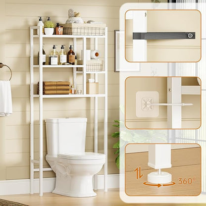 Over The Toilet Storage Rack, 3-Tier Bathroom Organizer Over Toilet, Wooden Above Toilet Storage Shelf, Space Saver, Freestanding BathroomStorage Metal Shelf, Easy to Assemble, White