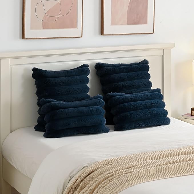 FUTEI Navy Blue Decorative Throw Pillow Covers 18x18 Inch Set of 2, Square Soft Faux Rabbit Fur Thick Striped Cushion Cover,Winter Home Decor for Couch Bed Living Room
