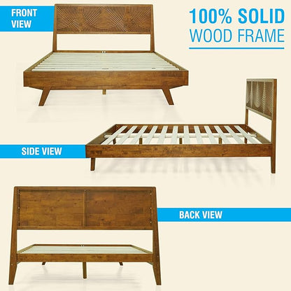 Acacia Harmony King Platform Bed Frame – Solid Rubber Wood, Caramel Finish, Mid-Century Modern Design, Unique Circular Wood Grain, 800lbs Capacity, No Box Spring Needed, Easy Assembly