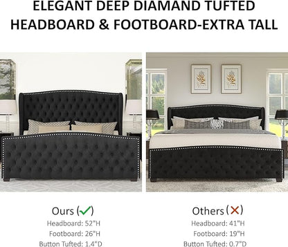 AMERLIFE California King Size Platform Bed Frame, Velvet Upholstered Bed with Deep Button Tufted & Nailhead Trim Wingback Headboard/No Box Spring Needed,Black