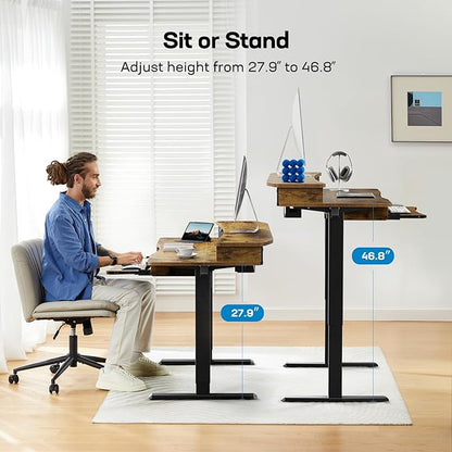 HUANUO 55" x 26" Electric Standing Desk with 2 Drawers & 26.7" Large Keyboard Tray, C-Clamp Mount Compatible, Adjustable Computer Desk for Home Office, Stand Up Desk with 4 Height Presets, Vintage