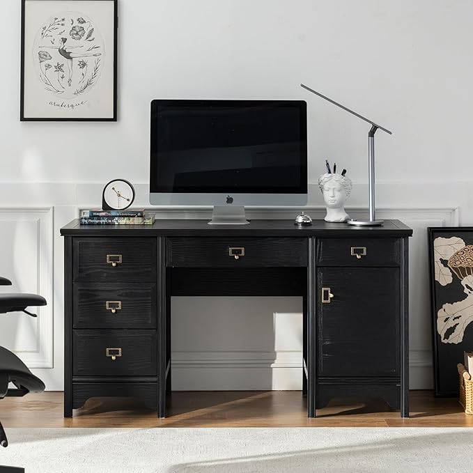 Chogori 55" Solid Wood Executive Desk, Farmhouse Office Computer Desk with 5 Drawers & Storage Cabinet, Wooden Writing Table for Home Office Study Bedroom, Black