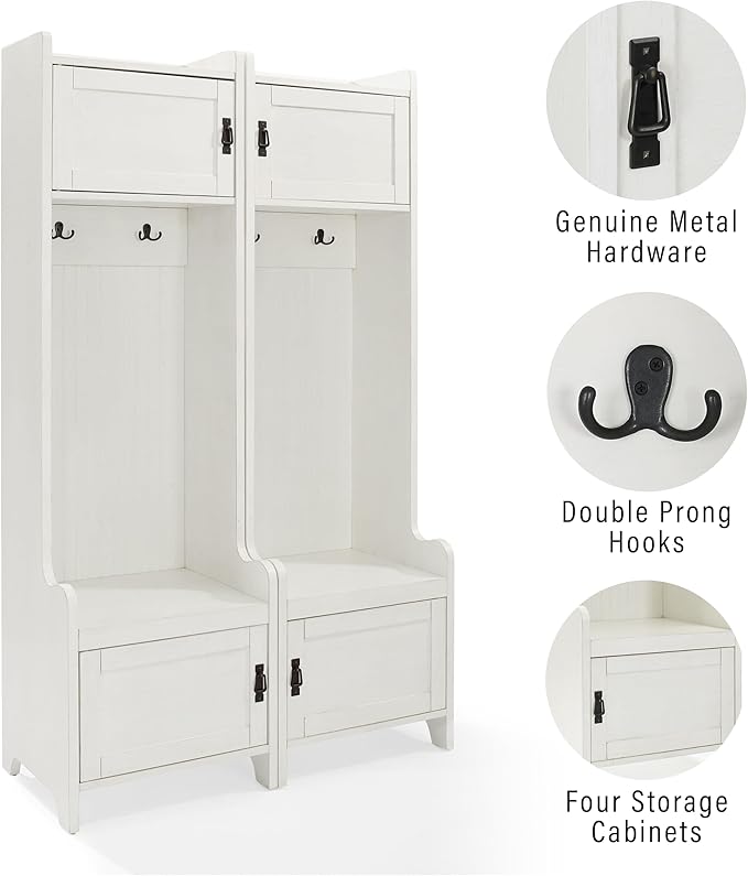 Crosley Furniture Fremont 2-Piece Hall Tree Entryway Set with Storage Cabinets and Coat Rack Hooks, Distressed White