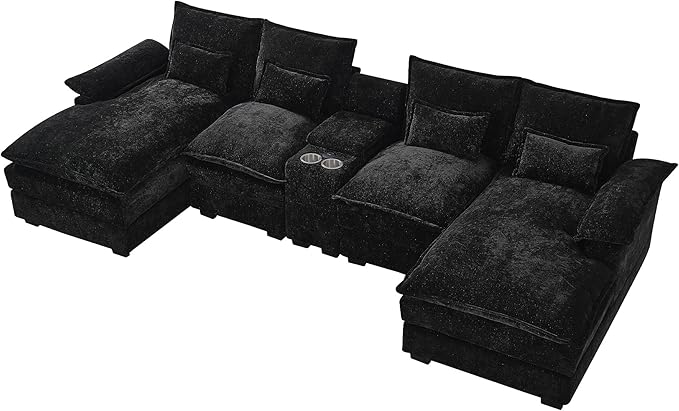 HYJT-H&K 124" U Shaped Cloud Couch Sectional, Comfy Fluffy Chenille Black Sectional Couches for Living Room, Modern Modular Sectionals Sofa with Central Console Double Chaise Lounge Black