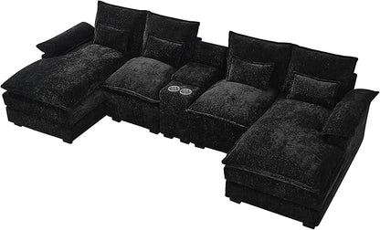 HYJT-H&K 124" U Shaped Cloud Couch Sectional, Comfy Fluffy Chenille Black Sectional Couches for Living Room, Modern Modular Sectionals Sofa with Central Console Double Chaise Lounge Black