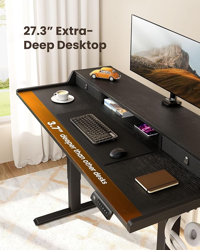 ErGear Electric Standing Desk with Drawers, 63″ x 28″ Gaming Table Compatible Monitor Stand, Stand up Desks, Home Office Height-Adjustable Desk with Storage Shelf, 4 Preset Heights, Black