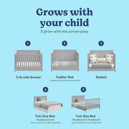 Graco Hadley 5-in-1 Convertible Crib with Drawer (Pebble Gray) – GREENGUARD Gold Certified, Crib with Drawer Combo, Full-Size Nursery Storage Drawer, Converts to Toddler Bed, Daybed