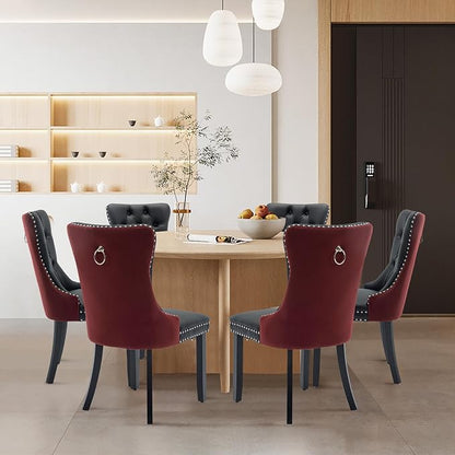 Leather Upholstered Dining Chairs Set of 6, Modern Style Kitchen Side Chairs with Nailhead Trim and Wood Leg, Metal Pulling Ring for Dining Room Living Room(Black&Wine Red)