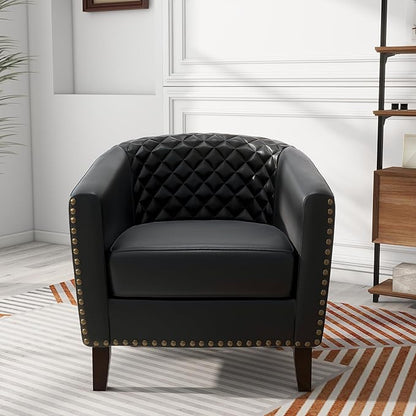 Pia Ricco Faux Leather Barrel Accent Chair, Modern Club Arm Chair Comfy Upholstered Single Sofa Chair with Solid Wood Legs and Nailhead Trim for Living Room/Reading Room, Black