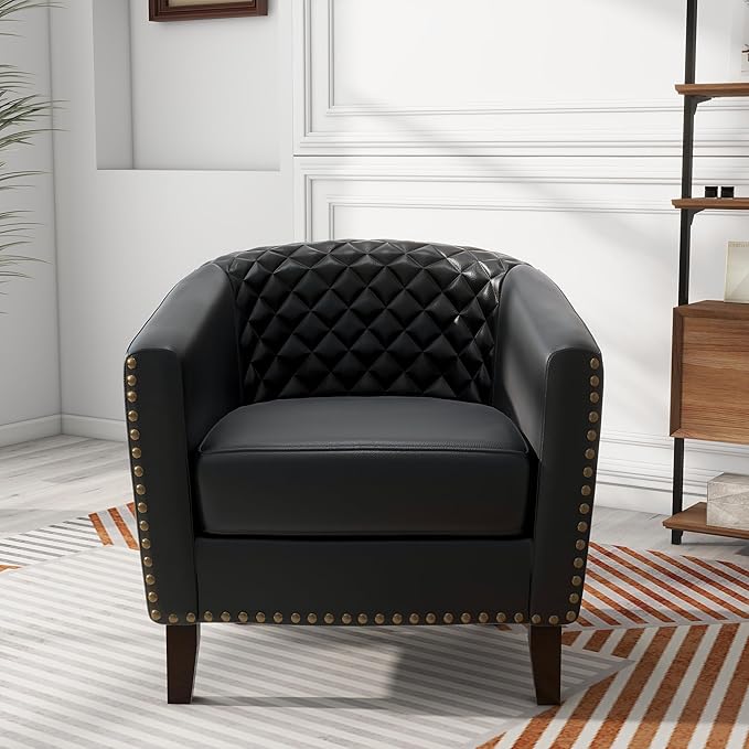 Pia Ricco Faux Leather Barrel Accent Chairs Set of 4, Modern Club Arm Chair Comfy Upholstered Single Sofa Chair with Solid Wood Legs and Nailhead Trim for Living Room/Reading Room, Black