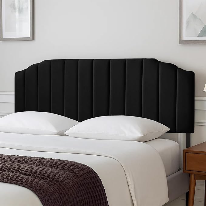 Upholstered Headboard Adjustable Height Queen/King Headboard Cream Velvet Tufted Modern Vertical Channel Design with Stepped Silhouette Top Edge(Black King)