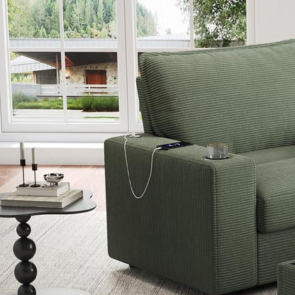 Christopher Knight Home Zoe Oversized Chaise Lounge Chair Indoor with Cup Holders & USB Charging Port, Corduroy Upholstered Sofa Bed + Ottoman with Storage, Comfy Deep Seat Sleeper Sofa Chair, Green