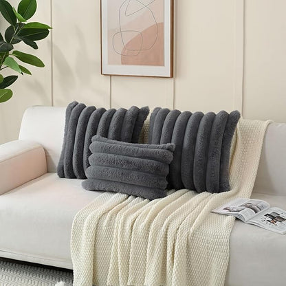 FUTEI Dark Grey Decorative Throw Pillow Covers 22x22 Inch Set of 2, Square Soft Faux Rabbit Fur Big Striped Cushion Cover,Home Decor for Couch Sofa Bed Living Room
