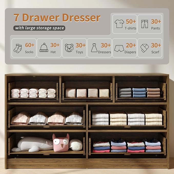 Walnut Fluted 7 Drawer Dresser Bedroom,55” Wide Mid Century Wood Dresser with Gold Handles, Chest of Drawer Wooden TV Stand for Closet,Bedroom,Living Room,Walnut