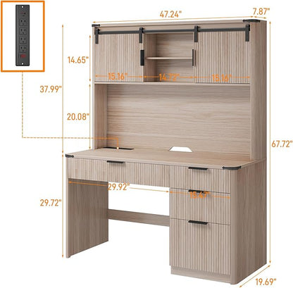 Vabches 67" H Executive Desk with Fluted Drawers,4 Drawers Fluted Computer Desk with LED Light,Charging Hub,Wood Workstation with Hutch and Sliding Barn Doors for Work and Study