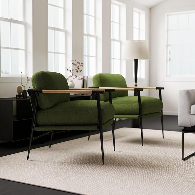 LukeAlon Mid-Century Linen Accent Chairs Set of 2, Soft Living Room Chairs with Metal Legs Modern Armchairs Lounge Chairs Upholstered Comfy Leisure Chairs for Bedroom Reading Room Waiting Room, Green