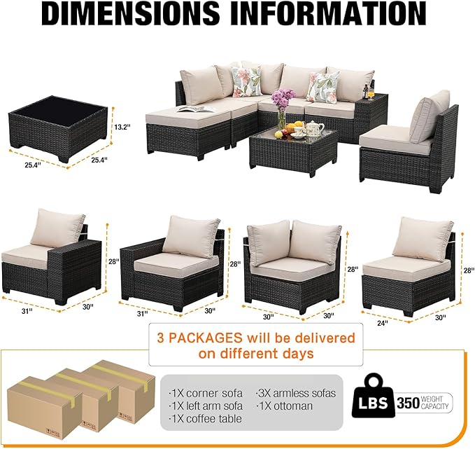 8 Pieces Patio Furniture Set All-Weather Outdoor Wicker Sectional Conversation Sofa Rattan Patio Seating Sofa with Cushion and Glass Table for Porch Poolside,Beige