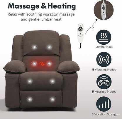 FLEXISPOT Massage Swivel Rocker Recliner Chair for Adults, Rocking Chair Nursery with Massage and Heat, USB Charging Port, 360° Swivel Recliner for Living Room Bedroom Nursery, Brown (XRC2)