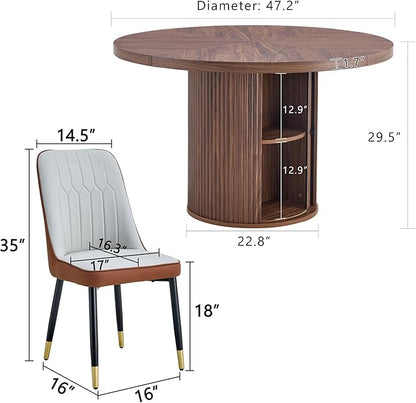 Round Dining Table Set for 6 with Two Storage, 47" Round Dining Table with 6 PU Leather Chairs, 7 Piece Kitchen Table Chairs Set of 6 with 1.7” Thick Wood Top, Roman Column Pedestal, Space-Saving
