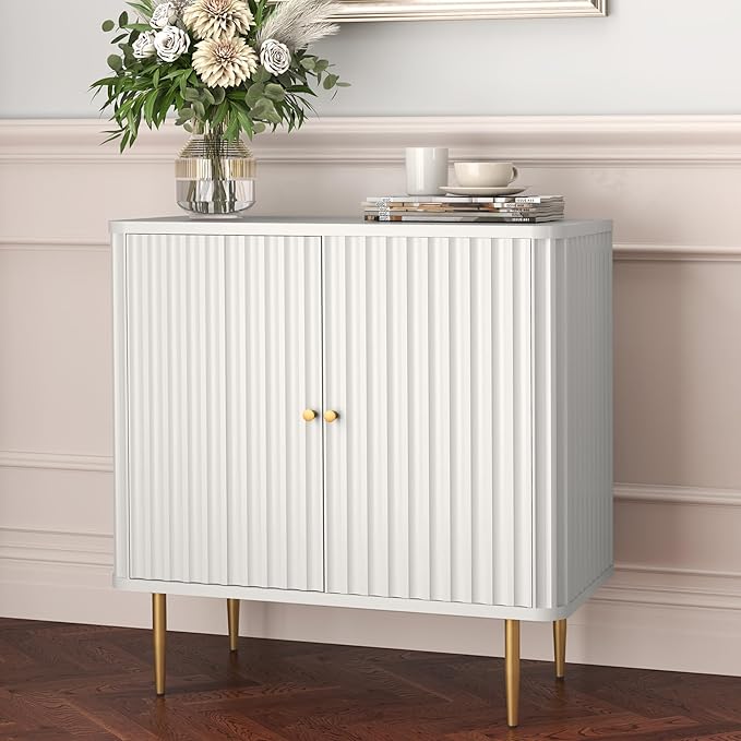 HLR Sideboard Buffet Cabinet with Fluted Texture, White Accent Cabinet with 2 Doors, Modern Credenza Storage for Kitchen Living Room, Entryway (White, 1Piece)