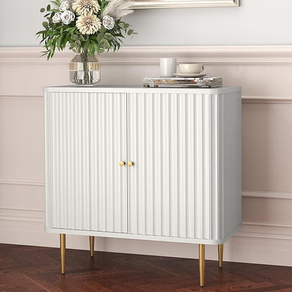 HLR Sideboard Buffet Cabinet with Fluted Texture, White Accent Cabinet with 2 Doors, Modern Credenza Storage for Kitchen Living Room, Entryway (White, 1Piece)