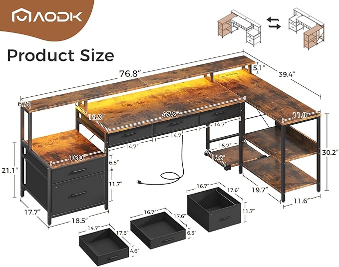 AODK L Shaped Desk with 5 File Drawers, 75" Reversible L Shaped Computer Desk with Power Outlet & LED Strip, Office Desk with Storage Shelves, Gaming Desk with Monitor Shelf, Corner Desk, Vintage