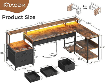 AODK L Shaped Desk with 5 File Drawers, 75" Reversible L Shaped Computer Desk with Power Outlet & LED Strip, Office Desk with Storage Shelves, Gaming Desk with Monitor Shelf, Corner Desk, Vintage