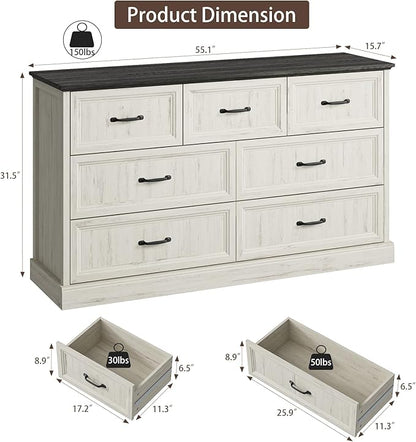Farmhouse 7 Drawer Dresser for Bedroom, 55 Inch Wide Modern White Dresser TV Stand with Large Drawers & Bar Handles, Rustic Wood Chest of Drawers for Bedroom, Living Room
