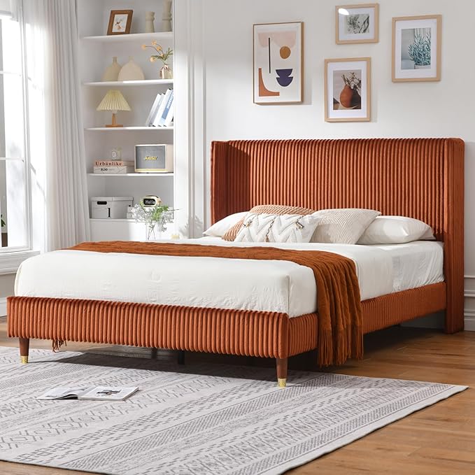 PINJU Full Size Bed Frame, Upholstered Platform Bed with Modern Vertical Striped Wingback Headboard with Wooden Slats, Easy to Assemble No Noise Free (OCHER, Full)