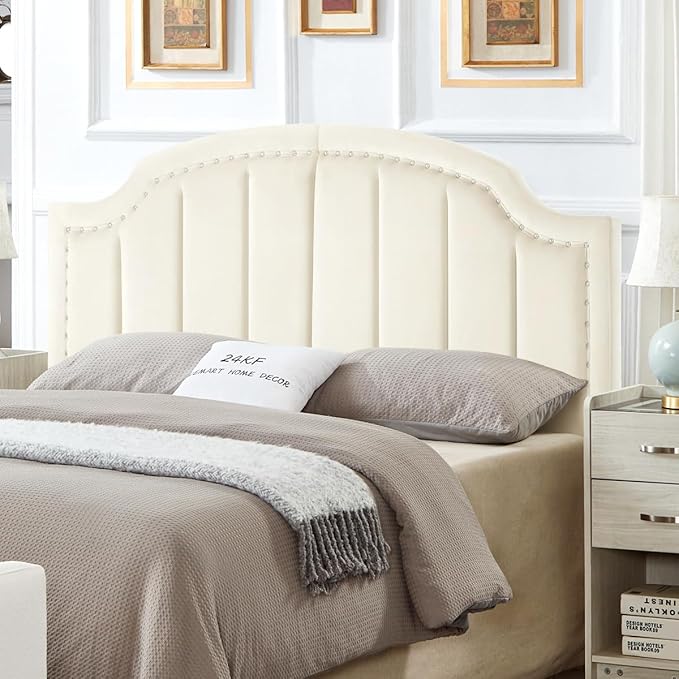 24KF Velvet Fabric Upholstered Queen/Full Headboard with Nail Trims,Modern Vertical Channel Design with Curved Headboard, 6052-Q-Cream