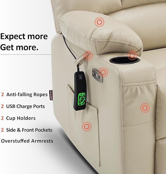 MCombo Oversized Dual Motor Power Lift Recliner Chair Sofa with Massage and Heat for Big Elderly People, Infinite Position, USB Ports, Faux Leather R7677 (Beige, Medium-Oversize)