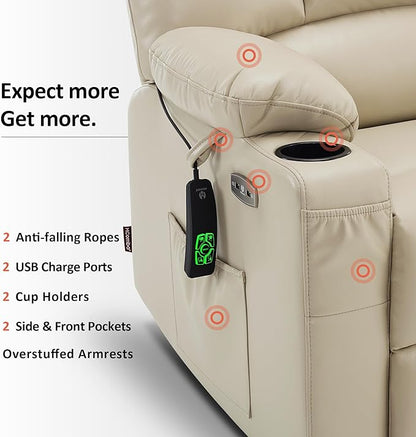 MCombo Oversized Dual Motor Power Lift Recliner Chair Sofa with Massage and Heat for Big Elderly People, Infinite Position, USB Ports, Faux Leather R7677 (Beige, Medium-Oversize)