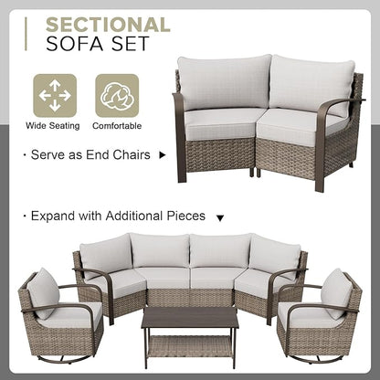 COOS BAY Aurora Terrace Half-Moon Outdoor Furniture Set, Rattan Conversation Set with Curved 4-Seat Sofa, Coffee Table, Seats 4, Beige/Beige