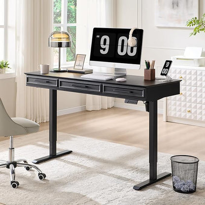 55x22 Inch Electric Standing Desk with One-Piece Desktop, Adjustable Height Computer Desk with 3 Storage Drawers & Power Outlets, Sit to Stand Up, Gaming Table for Home Office and Study, Black