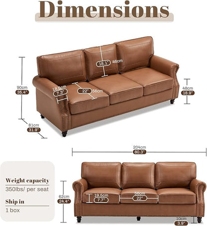 Kingfun Mid-Century Modern Couch, Faux Leather Sofa, 3 Seater Couch for Living Room with Rolled arms & Nailhead Trim, Brown
