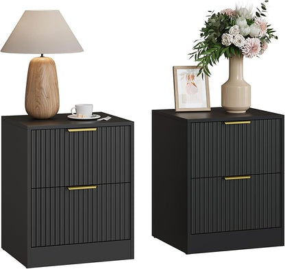 3-Piece Modern Bedroom Furniture Set, Wide 7-Drawer Dresser & 2-Drawer Nightstands Set of 2, Natural Wood Dresser and Nightstand Sets for Bedroom, Hallway, Black