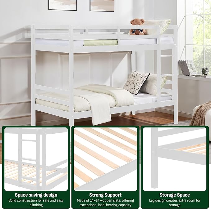 Softa Full Over Full Bunk Bed with Thick Posts,Wooden Bunk Bed with High Guardrail and Ladder for Kids, Teens, Dorm Rooms, and Guest Rooms,No Box Spring Needed,White