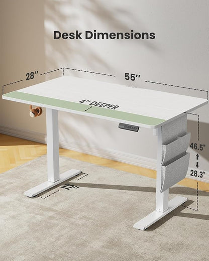 Marsail Standing Office Desk,Adjustable Heights,Stand Up Desk,55x28 Inches Desktop Sit Stand Home Office Gaming Computer Desk with 4 Memory Presets,Headphone Hook,Cable Organizer, White