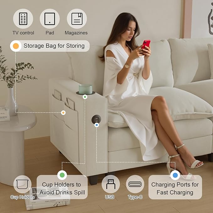 Cloud Couch, Modular Sectional Sofa with Ottoman, Charging Station, Throw Pillows, Cup Holders, Modern Convertible L Shaped Couches for Living Room, Bedroom (White, 152"- L Shape)