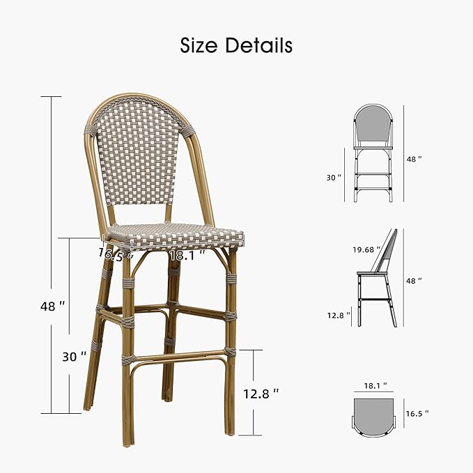 PURPLE LEAF French Bar Stool Set of 4 Bamboo Print Finish Patio Bar Stools with Back Wicker Bar Height Stool 30" with Footrest Kitchen Island Stools Outdoor Barstool Grey