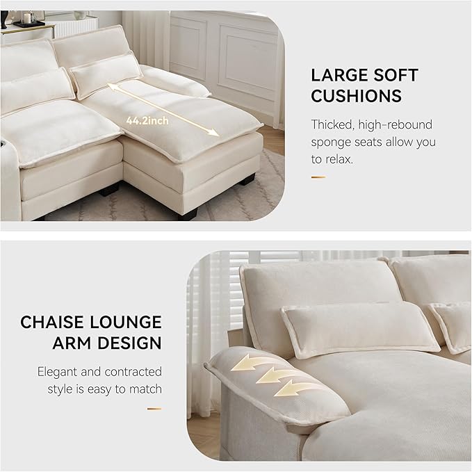 125'' U Shaped Cloud Modular Sectional Sofa with Chaise Lounges, Chenille Upholstered Comfy Couch with Storage Console, USB Charging Ports & Cup Holders, Small Deep Seat Sofa for Living Room, Beige