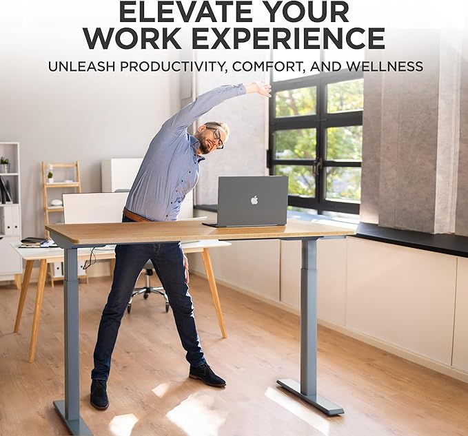 Rise Up Electric Standing Desk Adjustable Height 27-47" Dual Motor One Piece 60x30 Bamboo Large Standing Desk, Sit Stand Desk Rising Desk Home Office