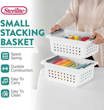 Sterilite 16608008 Small Stacking Basket with Vertical Stacking Functionality and Titanium Accents for Organization in Home or Office, White (16 Pack)