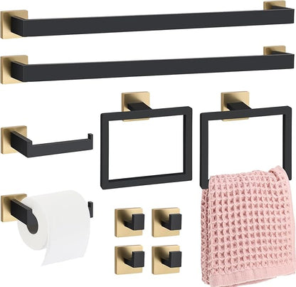 Gisafai 10 Pcs Bathroom Hardware Accessories Set 23.6 Inch Bath Towel Bar Kit Stainless Steel Bathroom Hardware Set Towel Racks Ring Hooks Paper Holder for Wall Mounted (Black Gold)
