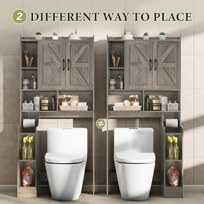 Over The Toilet Storage Cabinet with Barn Doors, Rustic Bathroom Organizer, Space-Saving Shelf for Laundry, Grey